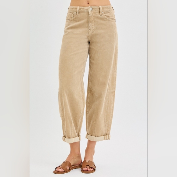 Risen High Rise Corduroy Barrel Jeans Tan Neutral Cuffed Ankle Crop Various NEW - Picture 3 of 6